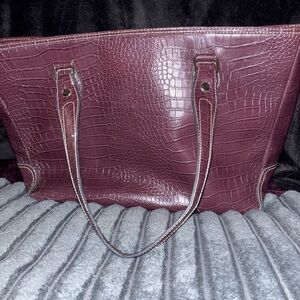 Croc embossed tote shoulder bag / laptop bag purse burgundy, Large